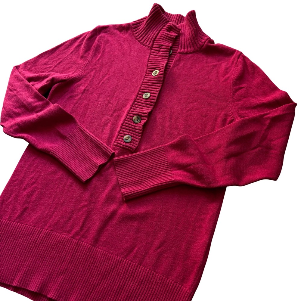 Eddie Bauer Sweater Womens Medium Pink Cotton Blend Mock Neck Button Up Pullover